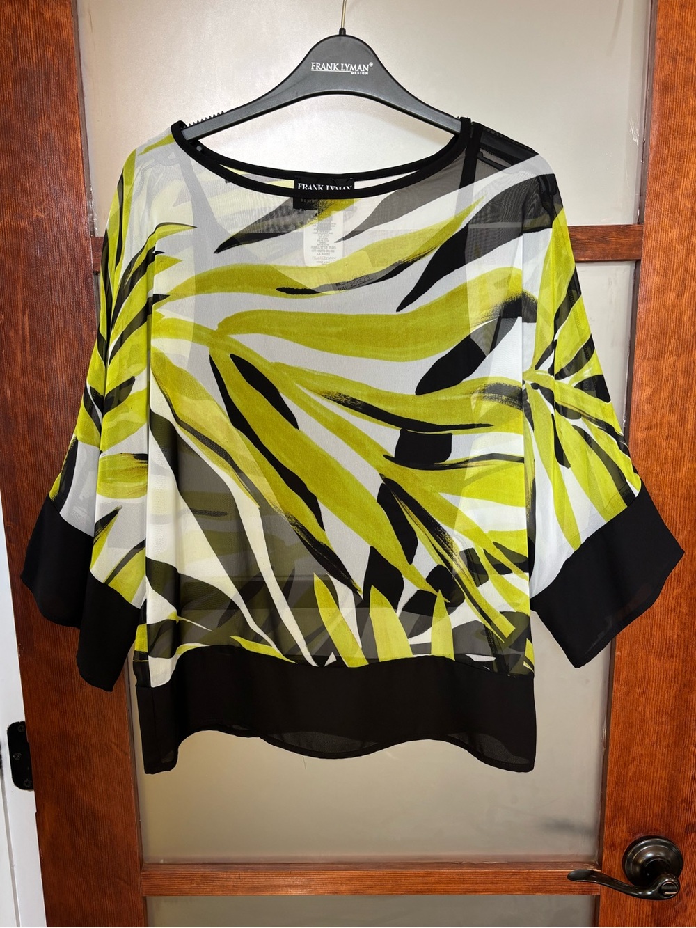 Frank Lyman Design Lime Leaf-Print Sheer Blouse with Black Trim